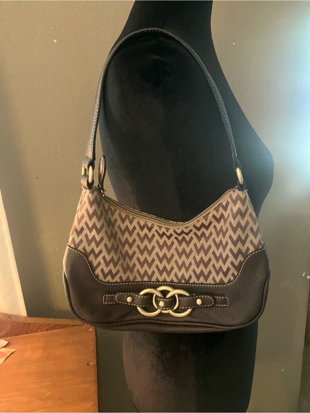 y2k vintage Brown Patterned Shoulder Bag with Gold Hardware 2000s